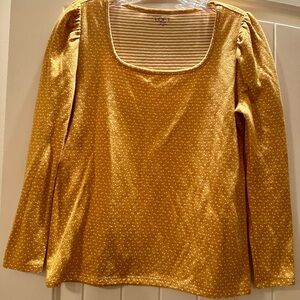 LOFT Mustard White polka Dot Long-Sleeve Square Neck Top size  SP